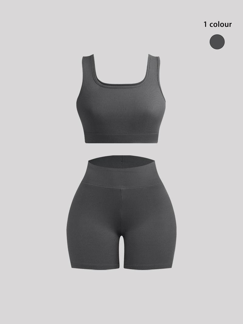 Women's Solid Ribbed Set, Casual Crop Tank Top & High Waist Skinny Shorts, Summer Outfits, Womenswear