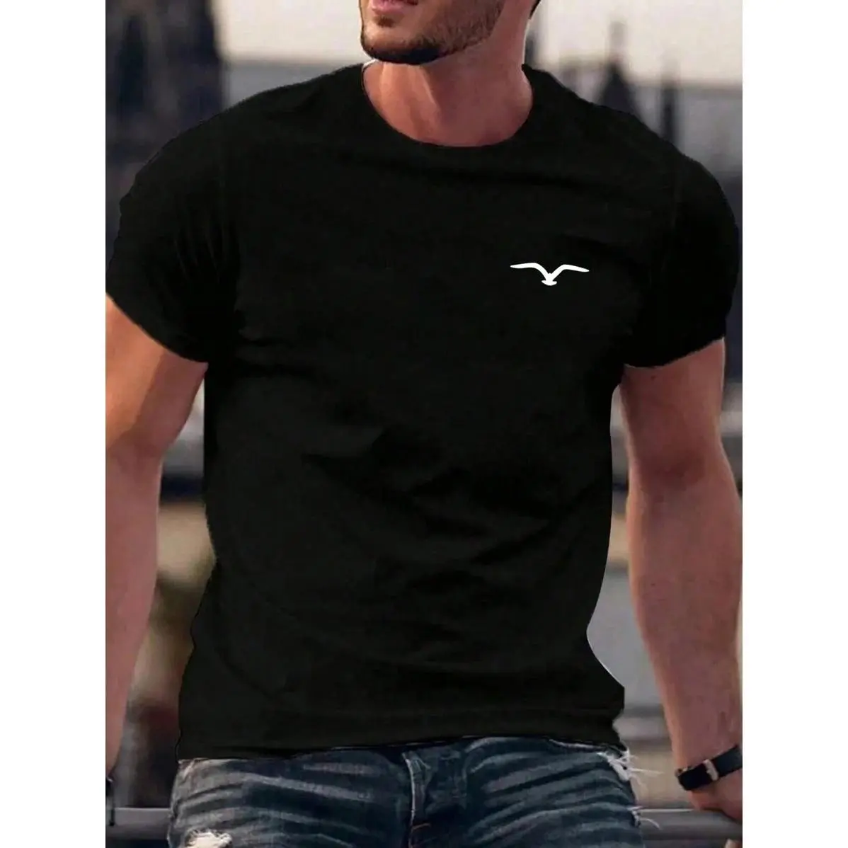 Men's Casual Seagull Printed Round Neck Short Sleeve T-Shirt, Summer