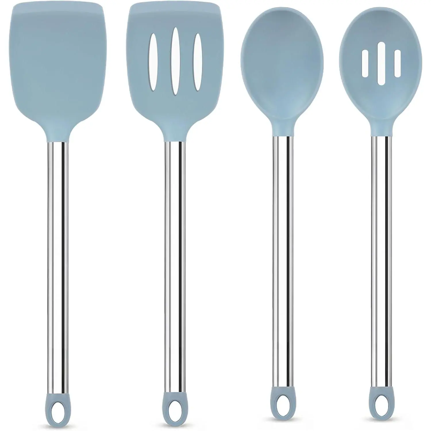 Cooking Utensils Set, Heat Resistant Spatula Spoon, Blue | 4 count, Kitchen Utensils for Non Stick Cookware,  Hole, Easy Cleaning Cooking Tools, Metal Long Handle, Dishwasher Safe