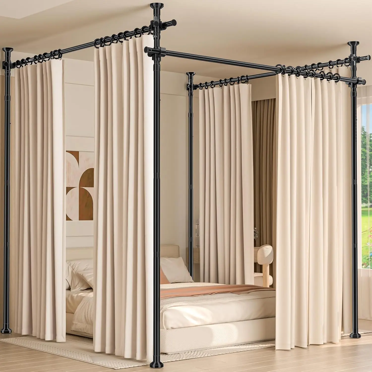 Heavy Duty Black Room Divider - 4-10ft H, 28-209in W Adjustable Temporary Privacy Wall, No Drilling Tension Rod Curtains, Freestanding Space Separator