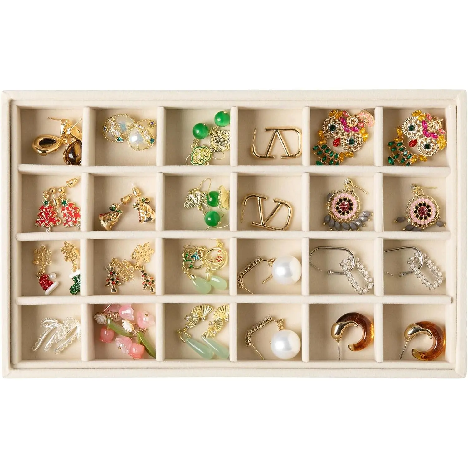 Women's Minimalist 24-Grid Synthetic Modern Earring Organizer Tray - Adjustable Dividers, Stackable Drawer Insert for Rings, Studs, Daughters