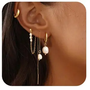 Trendy Dainty Pearl Drop Hoop Earrings for Women, Green Crystal Gold Chain Dangle Earrings, Hypoallergenic Minimalist Multi-Piercing Jewelry Set, Aesthetic Lightweight Fashion Earrings for Daily Wear, Party, Vacation & Gift for Her