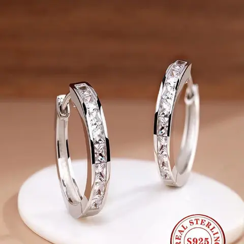 S925 Sterling Silver Princess Cut Cubic Zirconia Hoop Earrings for Women - Fashionable Hoop Earrings Dainty Hypoallergenic Small Huggie Hoops, Minimalist Crystal CZ Earrings for Party Wedding Jewelry Gift
