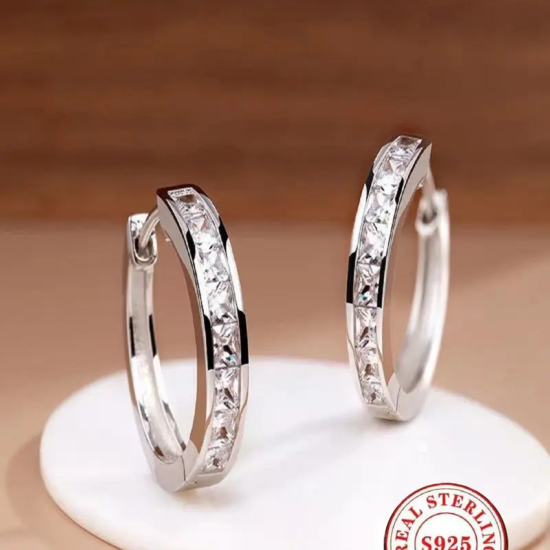 S925 Sterling Silver Princess Cut Cubic Zirconia Hoop Earrings for Women - Fashionable Hoop Earrings Dainty Hypoallergenic Small Huggie Hoops, Minimalist Crystal CZ Earrings for Party Wedding Jewelry Gift