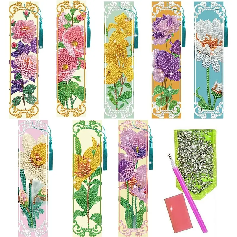 8-Piece Set 5D Diamond Painting Bookmarks, DIY Diamond Art Flower Bookmarks, Ideal for Beginners, Perfect for Book Lovers