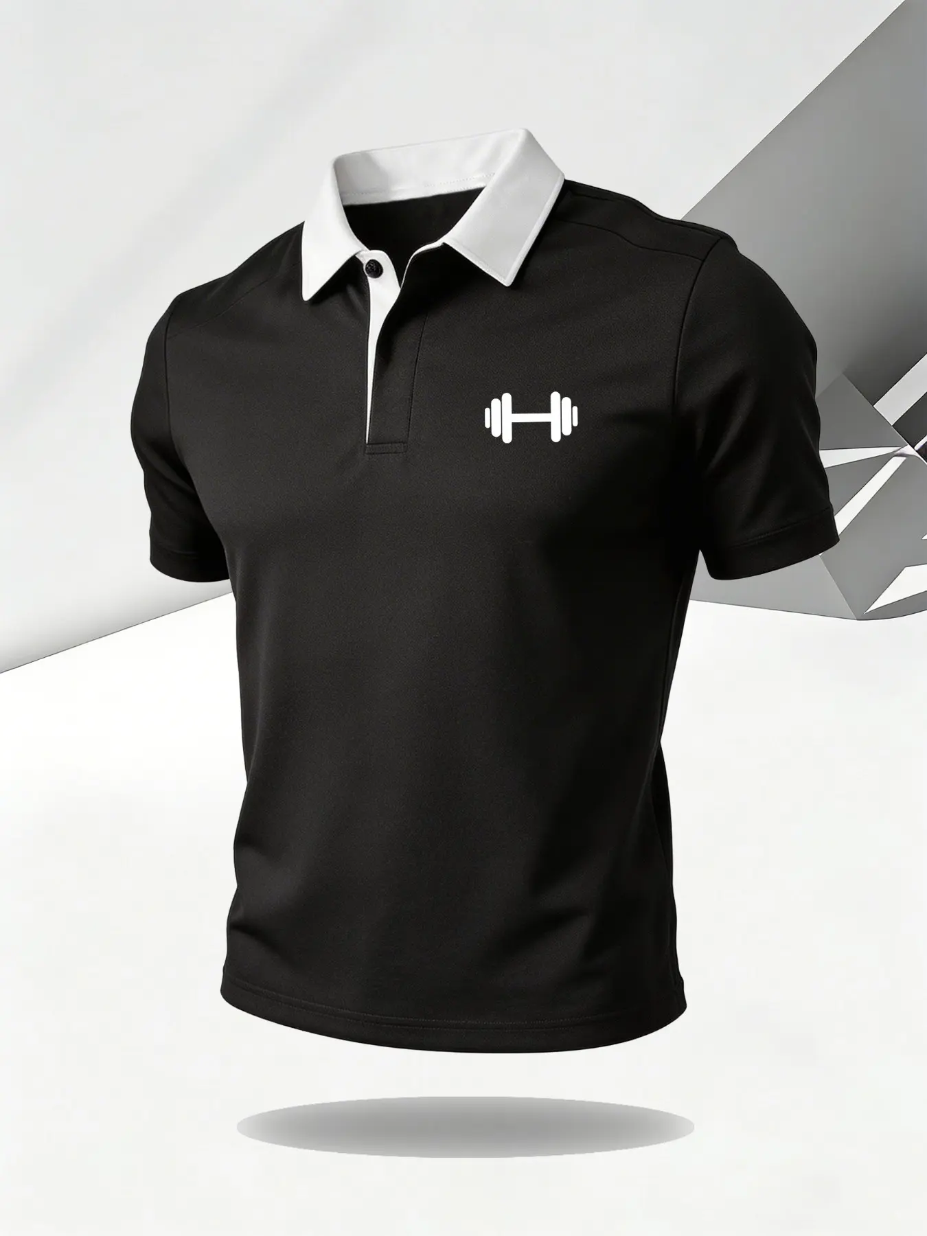 Men's Quick-Dry Breathable Gym Polo Shirt, Dumbbell Print, Fitted Long Sleeve, Casual Style, Ideal for Fitness Activities
