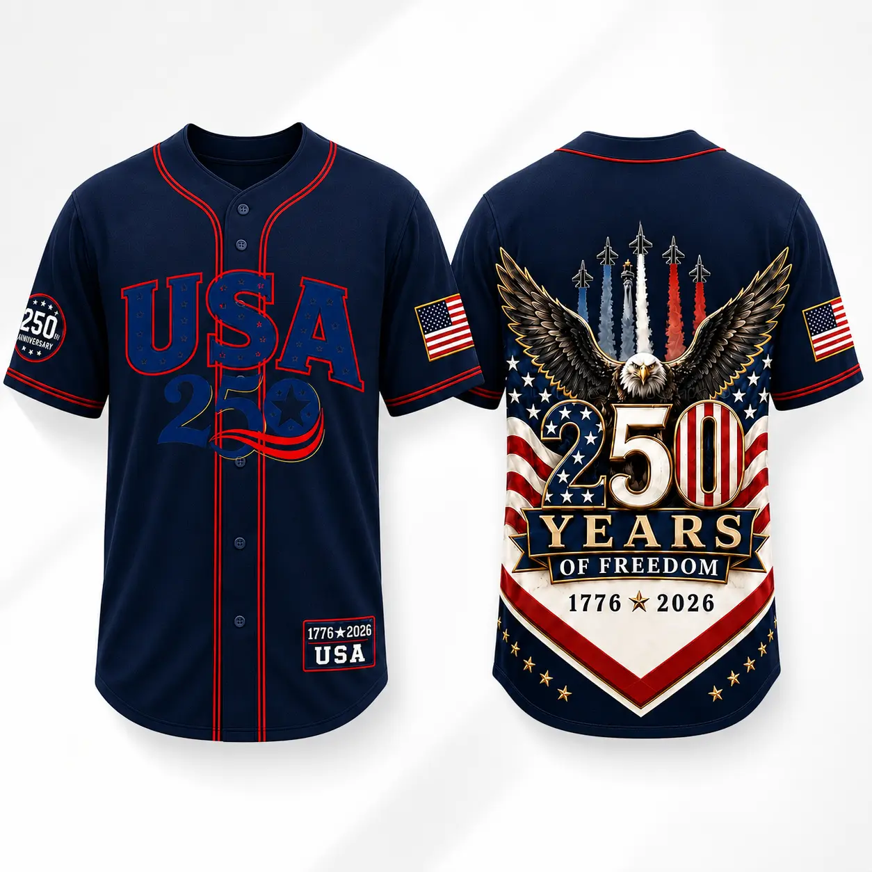 Patriotic USA 250 Baseball Jersey for Men Women, Navy Blue Button Up Shirt with Eagle American Flag Graphic Print, 1776–2026 250 Years of Freedom Design, Lightweight Polyester 4th of July Summer Streetwear Top,Size S-5XL, clothes, men's wear,men fashion