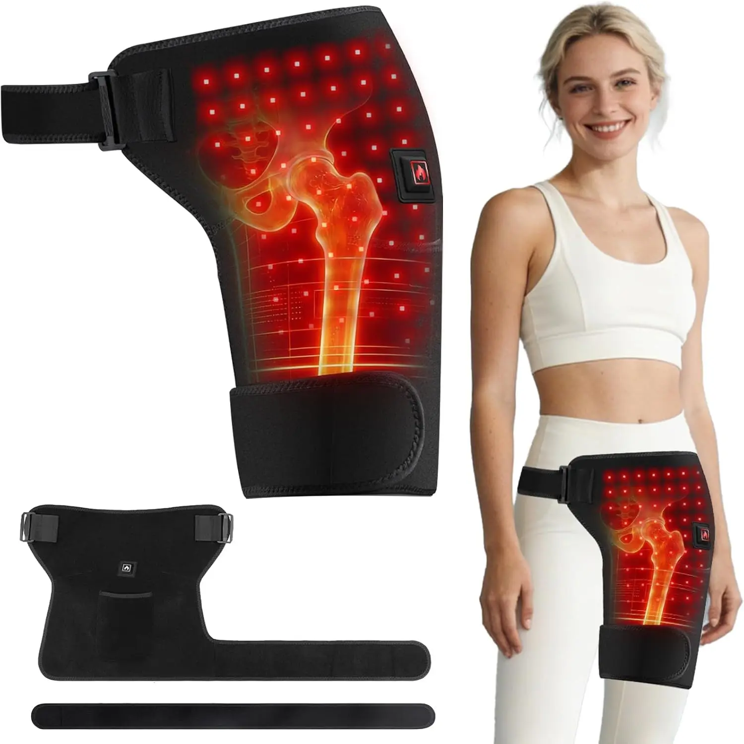 Red Light Hip Thigh Wrap, 660nm LED Light, 3 Adjustable Heat Levels, USB Powered, Wearable Thigh Buttock Support Buttock
