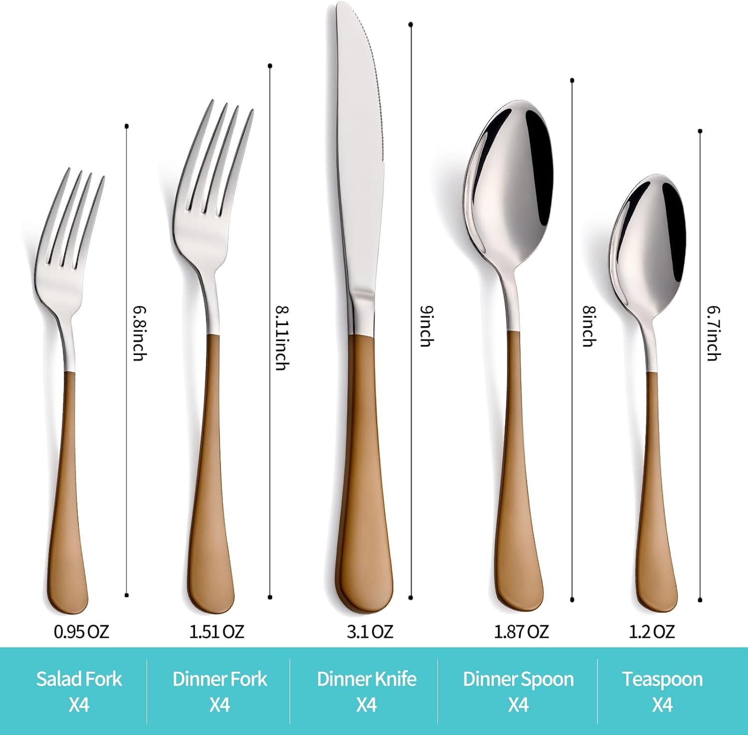 20- Brown Silverware Set for 4, 18/0 Stainless Steel Flatware Cutlery Utensils Set, Include Dinner ,Dinner Forks,Dinner Spoons,Salad Forks,Teaspoons,Dishwasher Safe