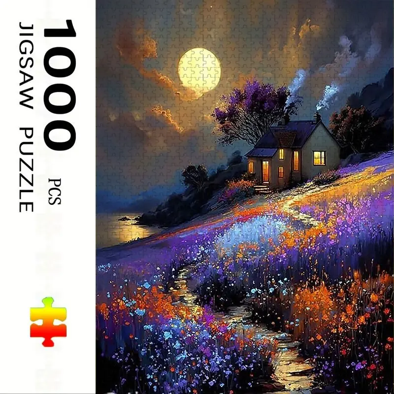 1000 Piece Moonlight Cottage Puzzle, Large Adult Family Interactive Toy, DIY Home Decor Brain Challenge, Festive Scene, Durable Puzzle