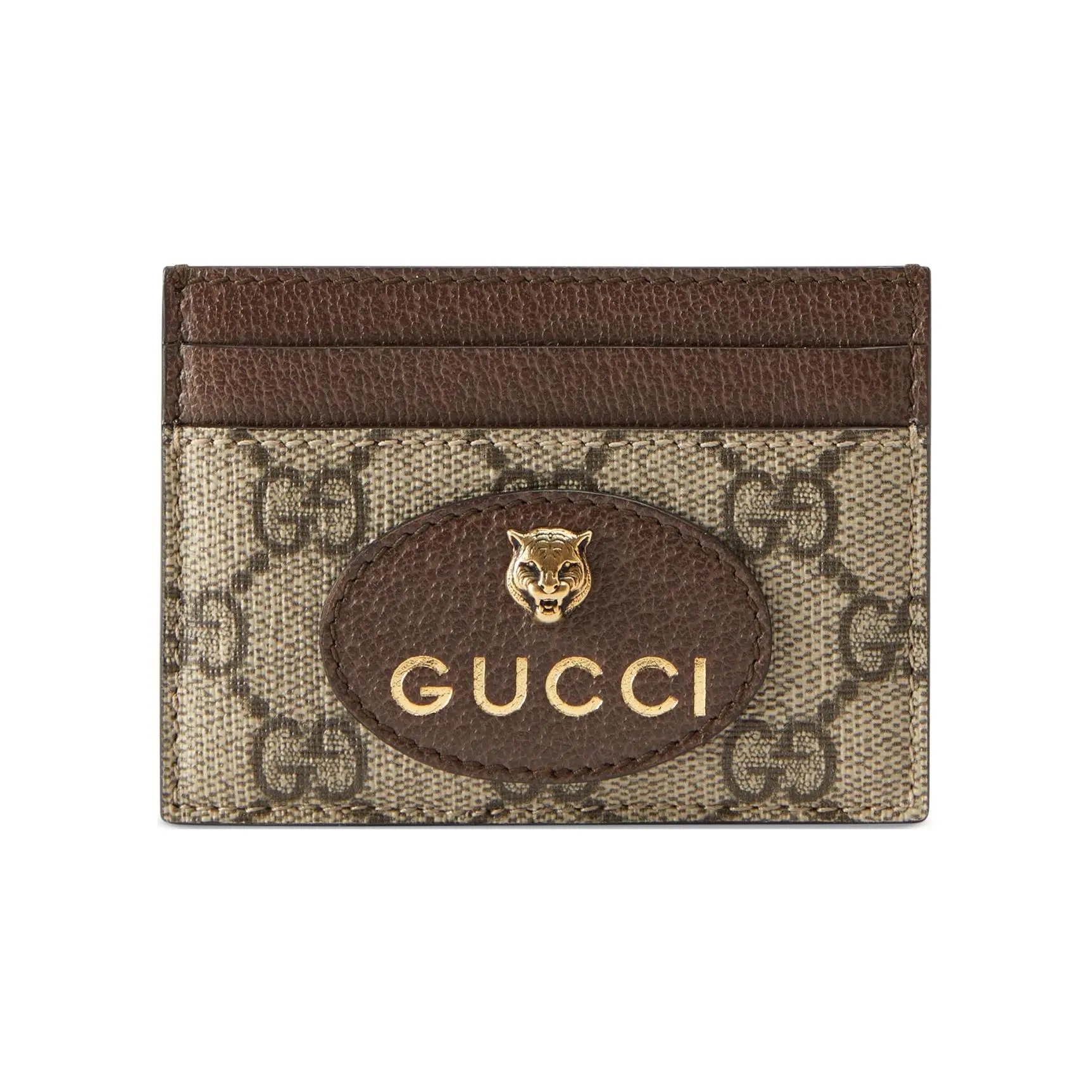 Gucci Neo Vintage Distressed Metal Tiger-Head Logo Canvas and Leather Card Holder for Men and Women in Ebony and Brown