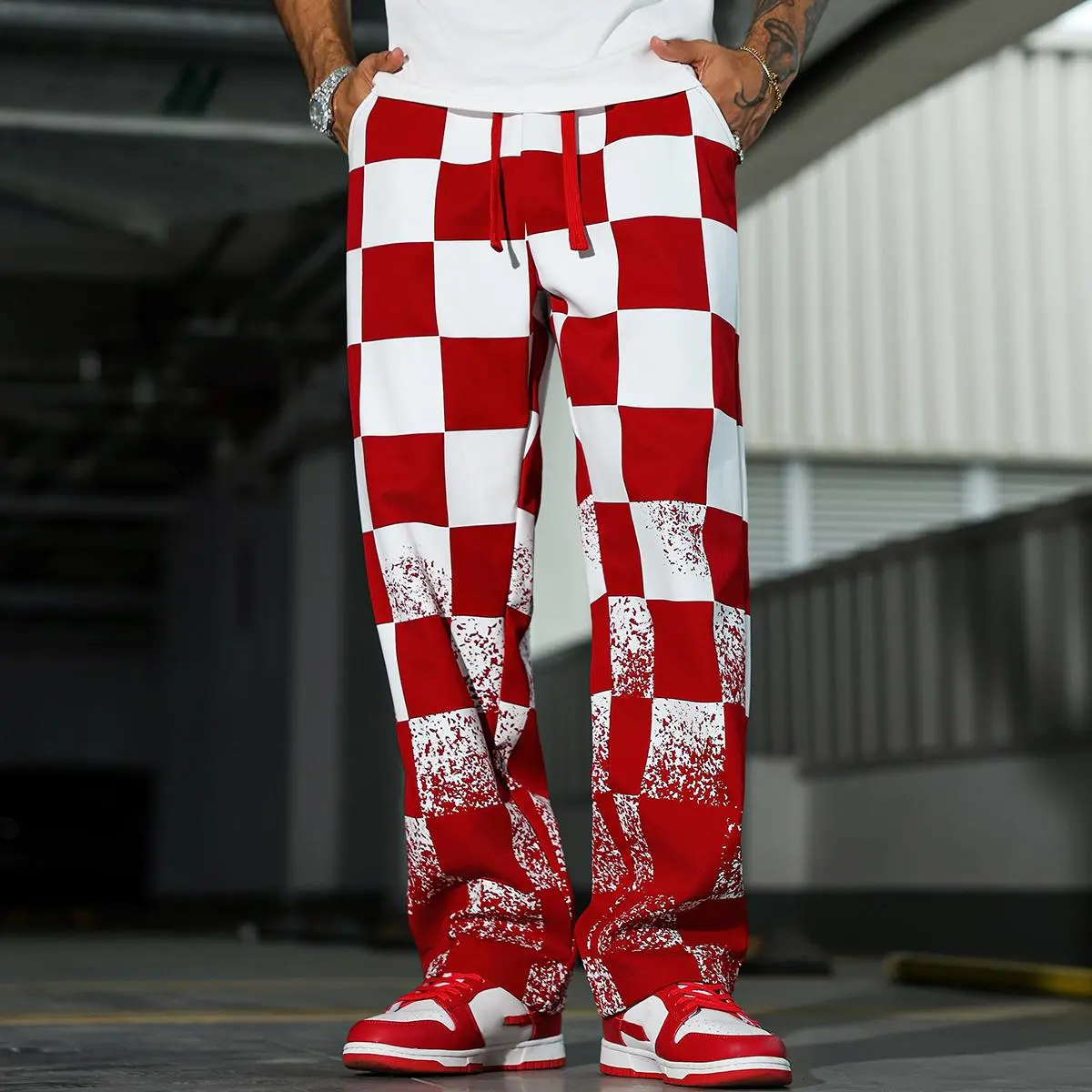Menswear Casual Elastic Waist Drawstring Pants - Red White Checkerboard Gradient Ink-Splatter Graphic Print, Lightweight Breathable Loose Aesthetic Contemporary Daily Mix-and-Match Streetwear Long Pants, Aesthetic Men's Pants