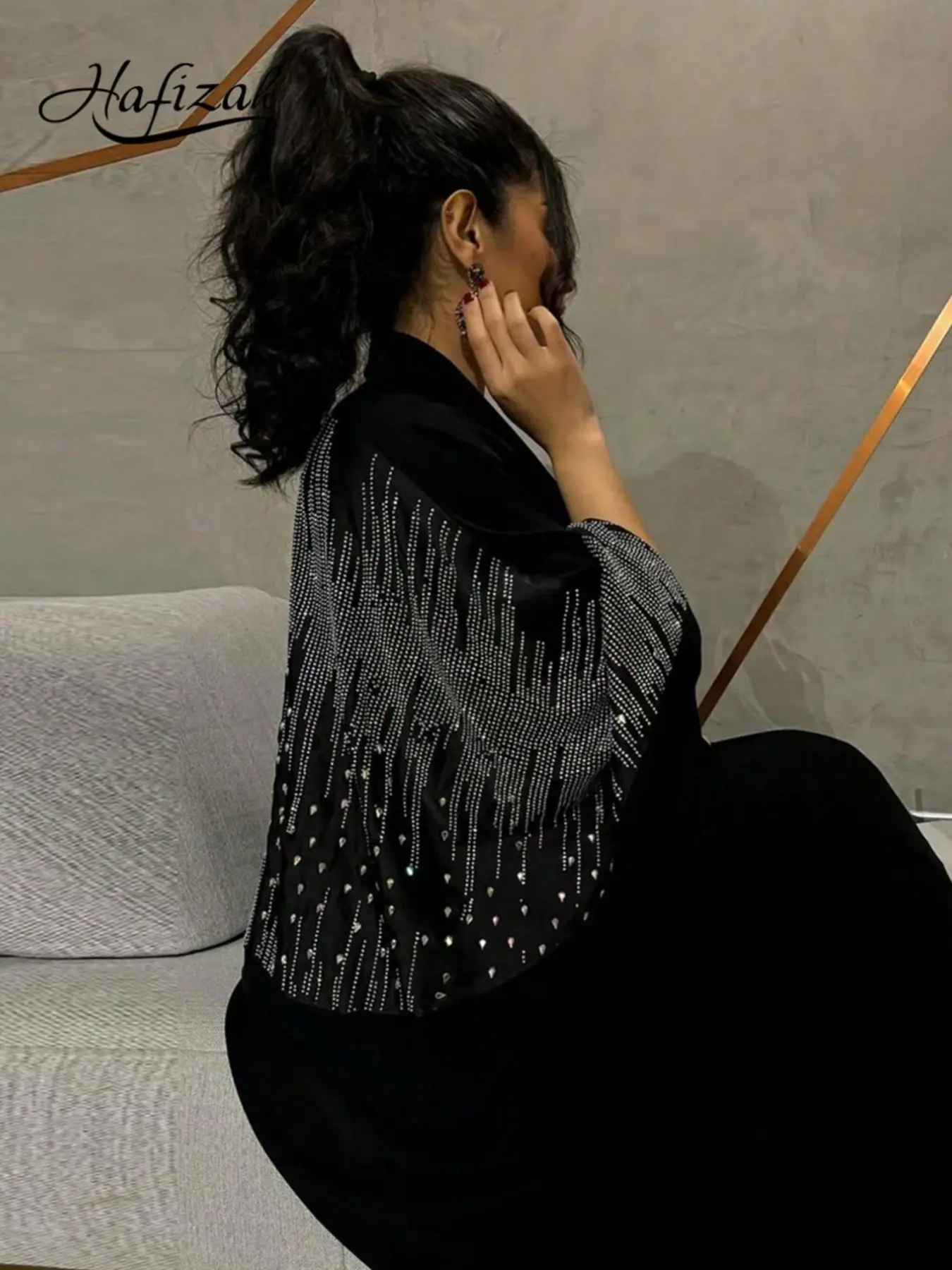 Hafizah Women's Luxury Long Cardigan, Loose Fit Batwing Sleeve V-Neck Outerwear, Rhinestone Embellished, Perfect for Evening Parties, Clothes