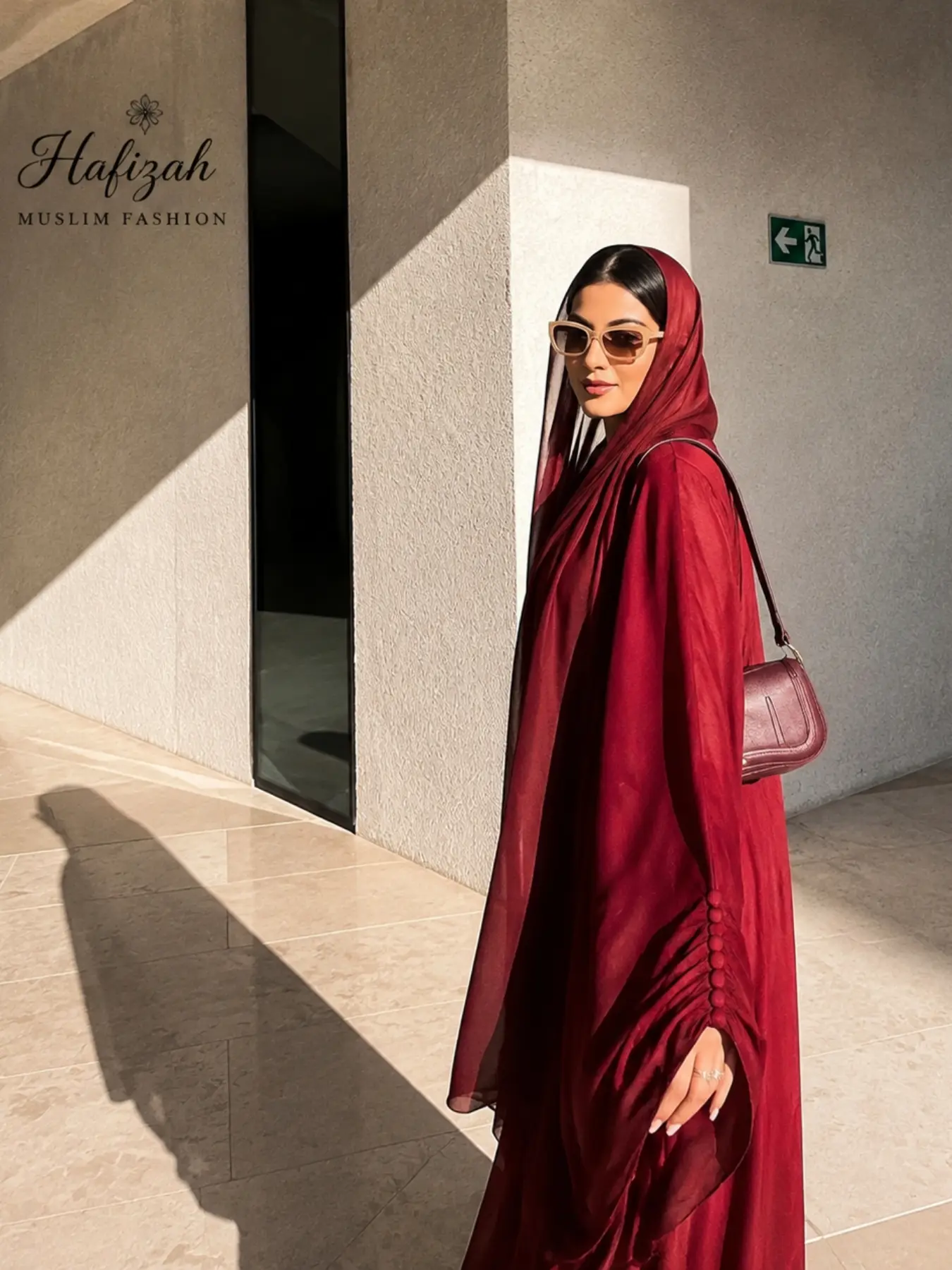 Luxurious Wine Women's Robe, Muslim Open Front Kimono Dress, Long Sleeve, with Headscarf, Elegant Islamic Fashion, Dubai Style