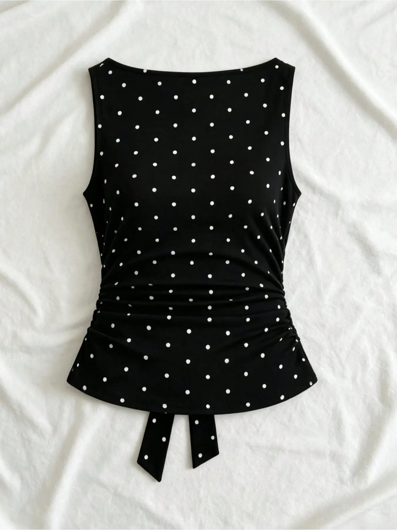 Retro Polka Dot Tank Top for Women, Boat Neck Back Tie Bow, Ideal for Casual Days, Street Style, Photo Shoots & Outdoor Picnics