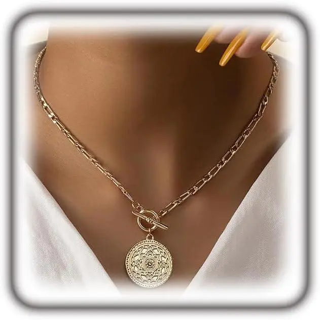 Trendy  Large Medallion Pendant Necklace for Women Punk  Toggle Clasp Chain Choker Necklace Birthday Anniversary