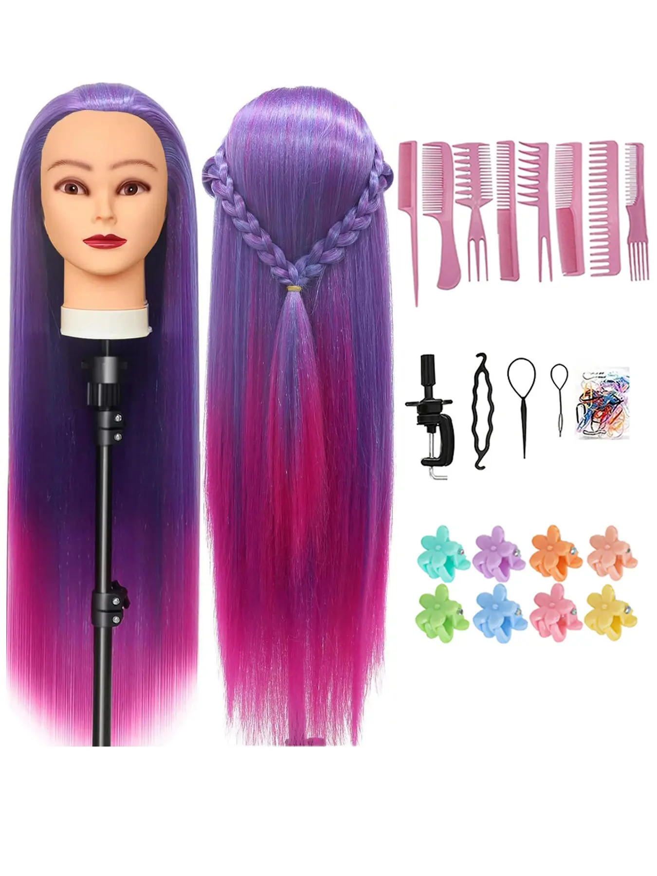 28 Inch Styling Head for Hairdressers, 100% Synthetic Fibres, Includes Free Clamp and DIY Braiding Set, Ideal for Training