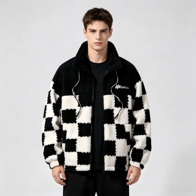 Winter Men Thick Sherpa Fleece Jacket, Green White Checkerboard Stand Collar Zip Up Coat, Loose Warm Plush Fuzzy Outerwear for Cold Weather