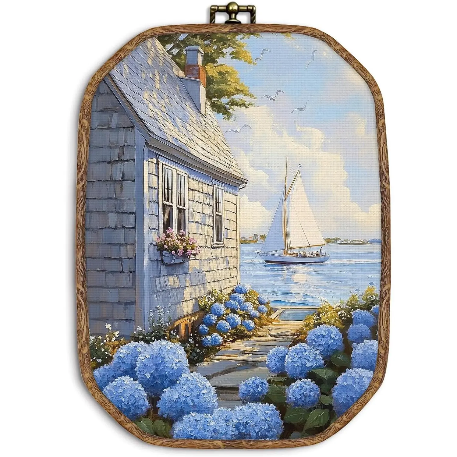 ZIKZAUDOU Nantucket Coastal Beach Octagon Wall Art Framed, Blue Hydrangea Sailboat Canvas Wall Decor, East Coast Landscape Artworks, Nautical Cottage Hanging Decor for Bedroom Living Room, 10.2x7 In