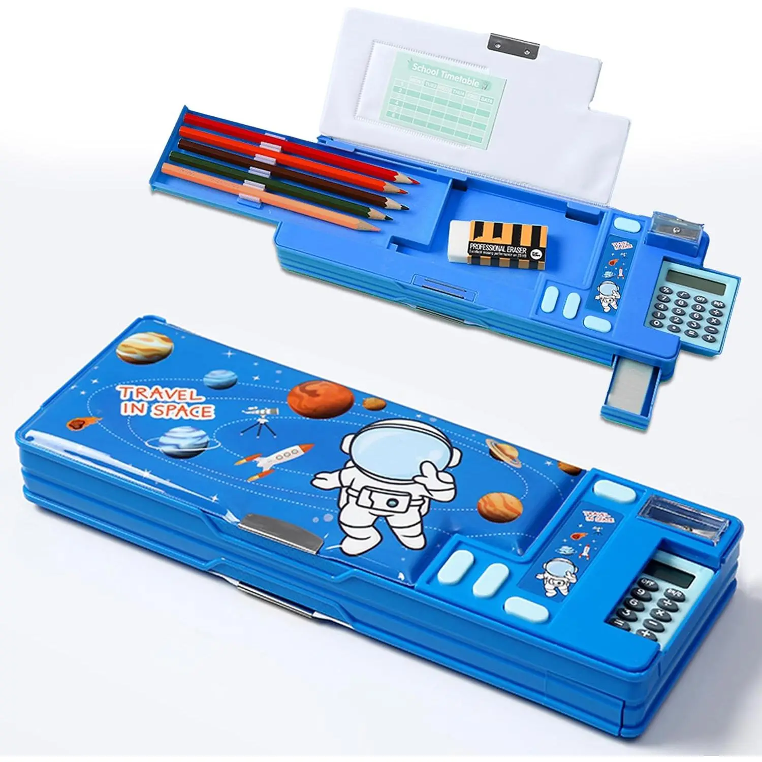 Blue Pop Up Multifunctional Plastic Rectangular Pencil Case - Office Stationery Organizer Storage with Calculator, Sharpener, Schedule, Teen Birthday Gift