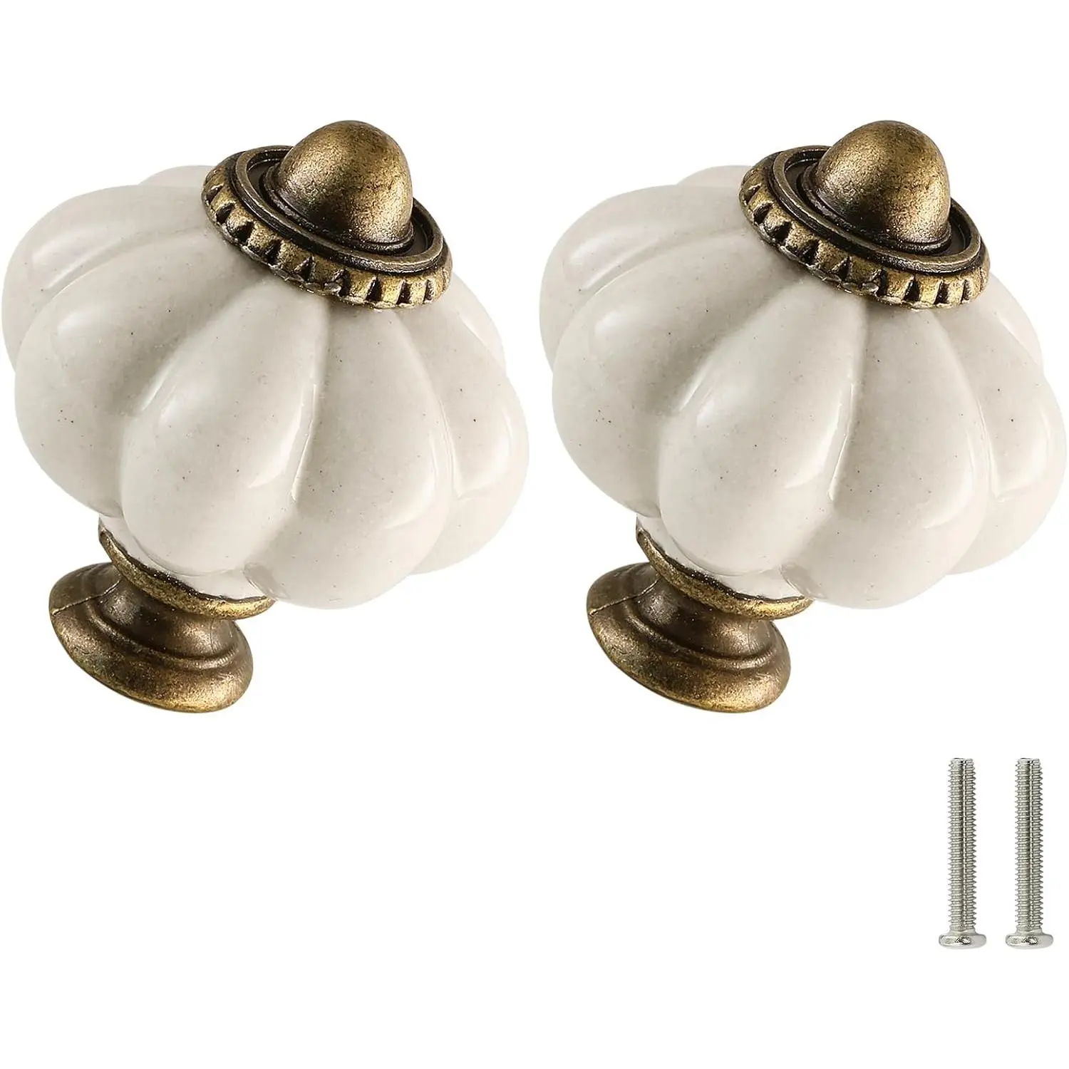 Antique White Pumpkin Knobs 2 Pack Ceramic Cabinet Knobs Vintage Drawer Pulls - Antique Dresser Pulls with Screws for Closet Drawer Cupboard Cabinet and DIY Home Project