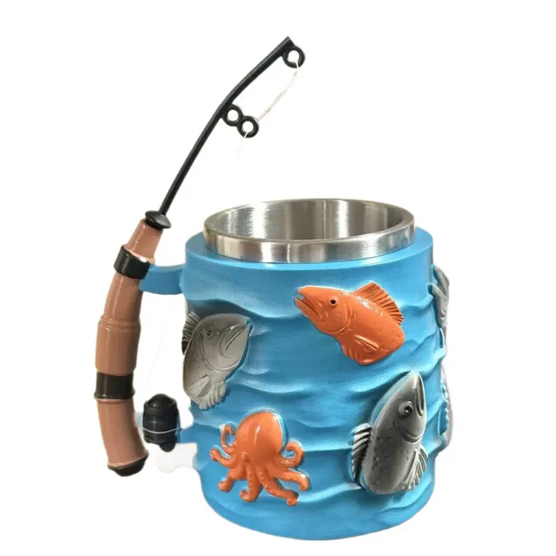 Creative 3D Fishing Motif Resin Cup, 201 Stainless Steel Liner, Durable Sturdy Drinkware for Outdoor Enthusiasts, Perfect Gift for Anglers