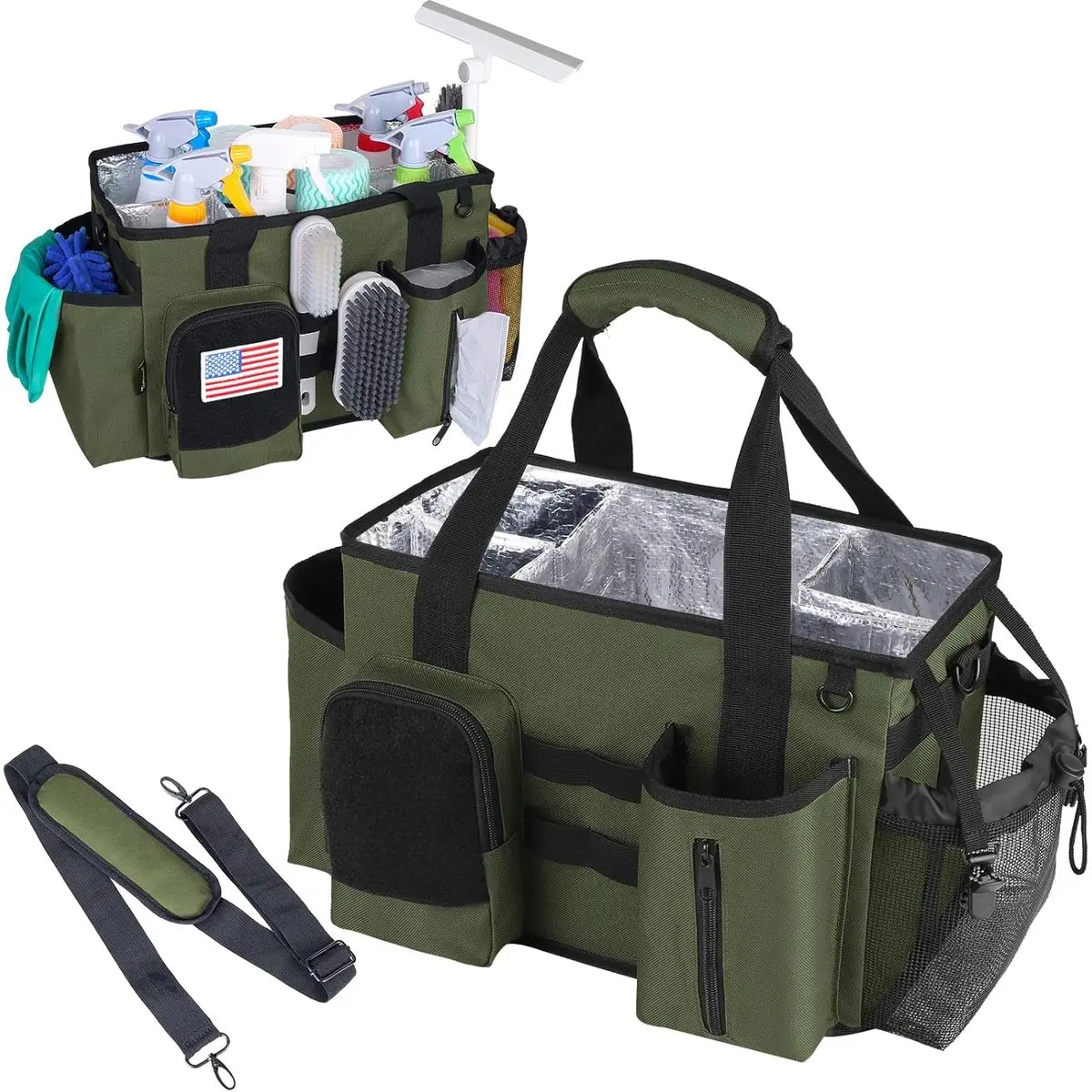 Cleaning Caddy Bag, Adjustable Shoulder Strap, Waterproof Nylon, Aluminum Foil Lining, Quick-Drain PVC Mesh Bottom, Built-In Hard Plastic Sheet, Housekeeper, DIY Home Repair