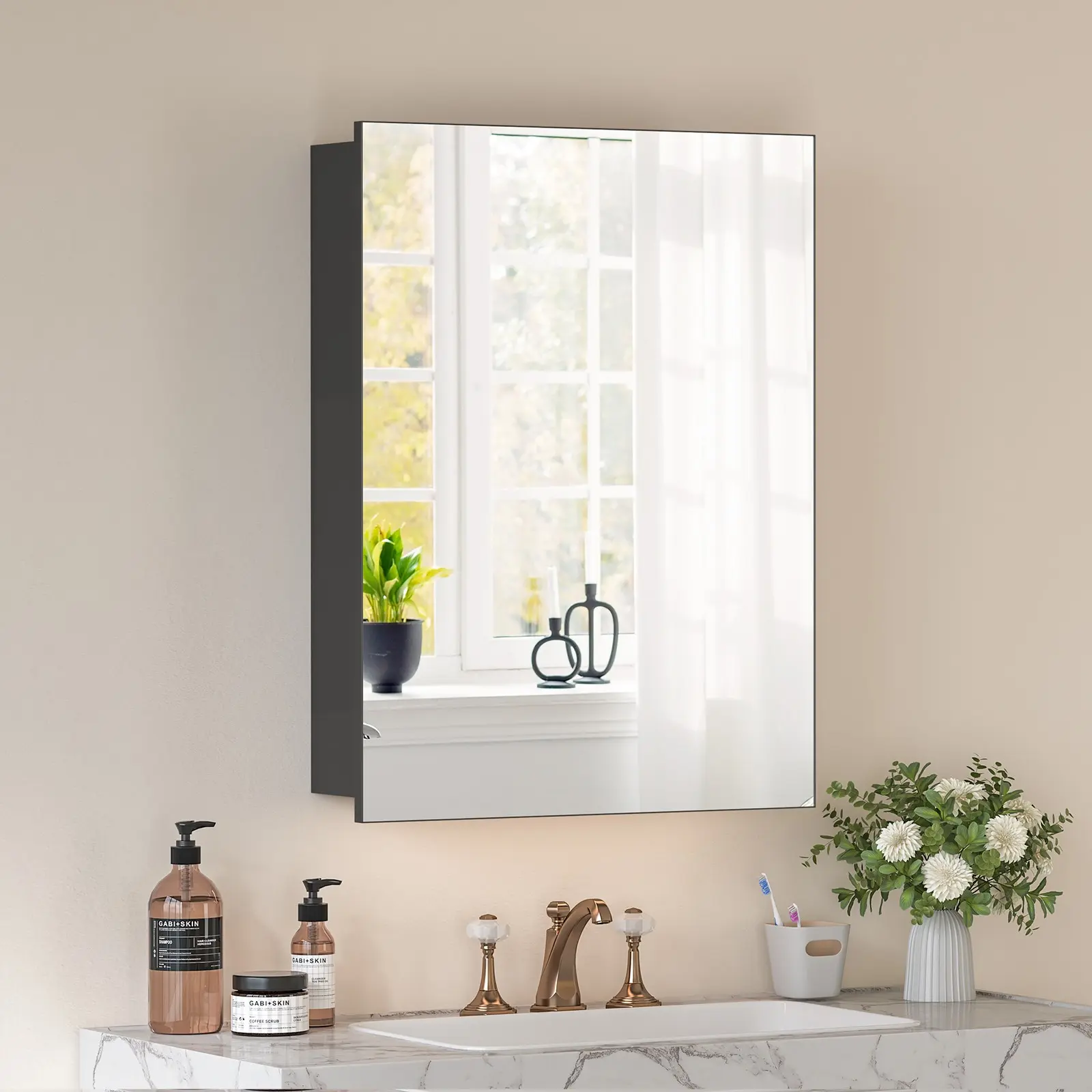Rectangular Bathroom Corner Medicine Cabinet with Mirror on Door, Wall-Mounted Aluminum Alloy Double-Shelf Storage Cabinet, Flat Pack Kit, Space-Saving, Black