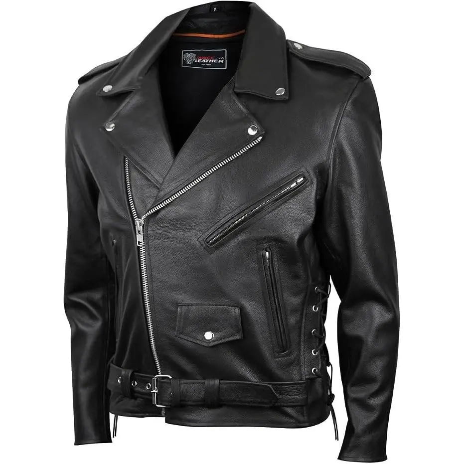 Mens Premium Cowhide Conceal Carry Insulated Liner Side Laces Classic MC Motorcycle Biker Black Leather Jacket