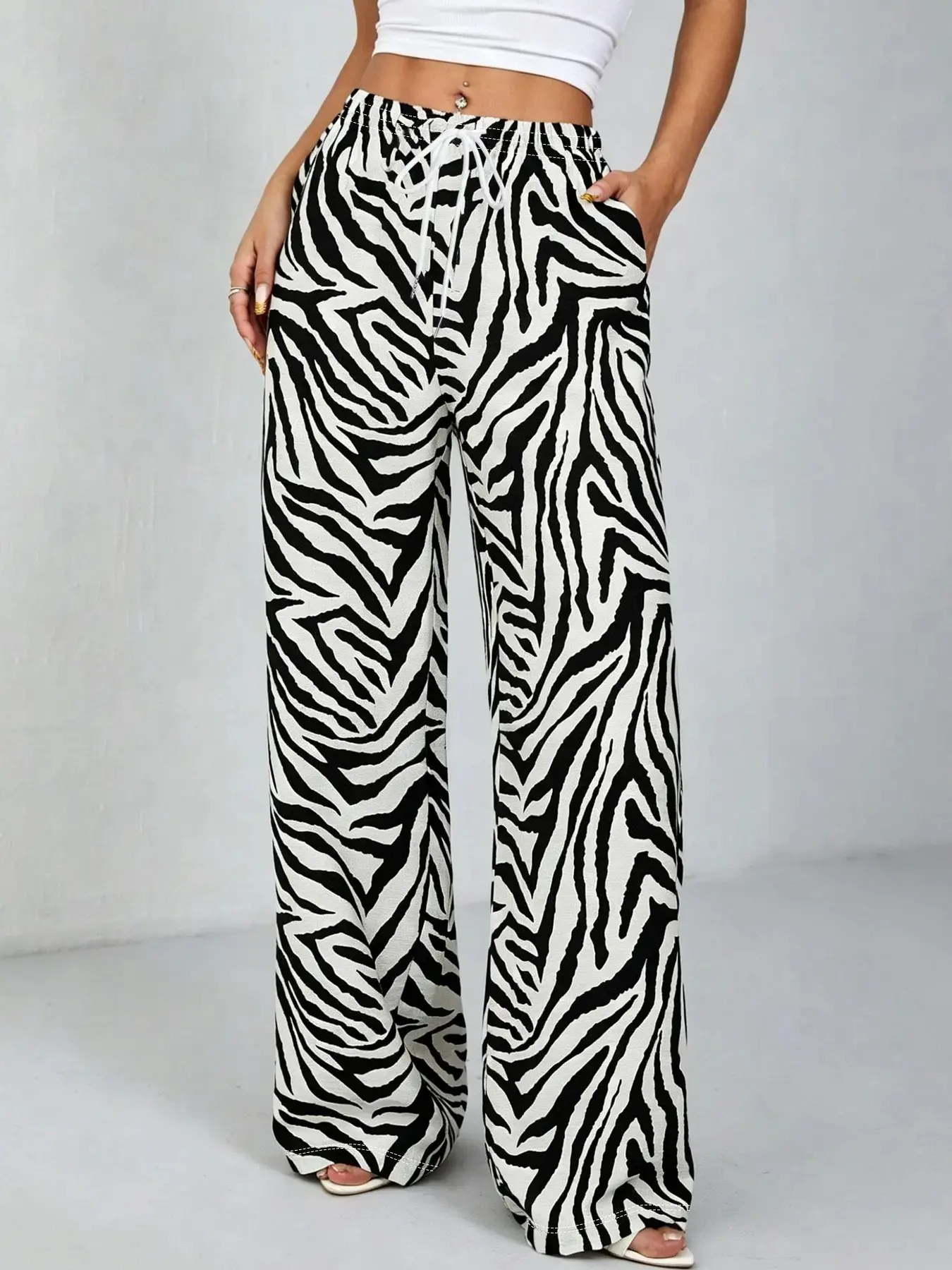 Women's Zebra Striped Drawstring Adjustable Wide Leg Pants, Elastic Waist with Pockets, Casual All-Season Comfortable Fashion, Daily Wear