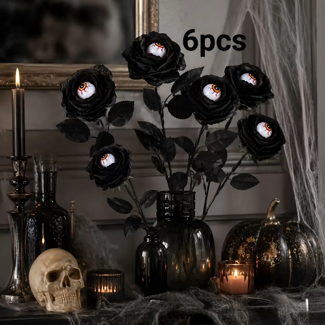 Set of 6/10 Halloween Spooky Eyeball Black Roses (40cm) – Gothic-style artificial flowers for Halloween party decor, haunted house scenes, and window displays.
