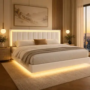 Modern PU Upholstered Floating Platform Bed with LED USB Lights, Noise-Free Wood Slat Support, Multiple Sizes & Colors