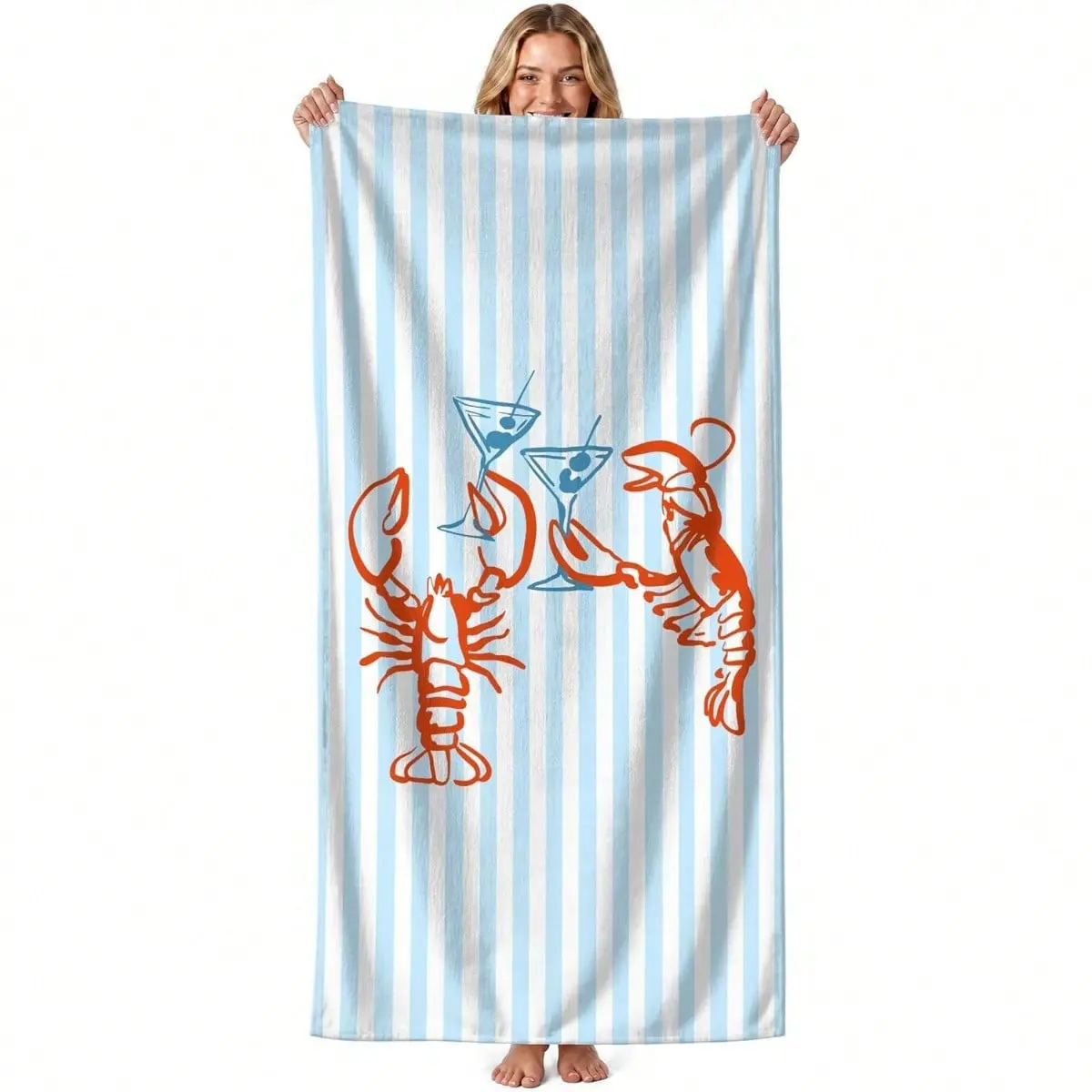 Coastal Lobster Cocktail Blue Striped Beach Towel Sand Free Quick Dry Towel Pool Bathroom Decor Unisex Gift
