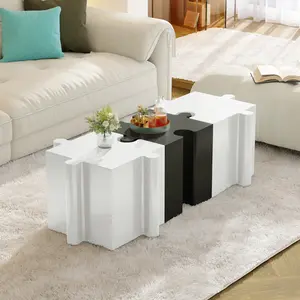 ARCH 3-Piece Artistic Puzzle Table Set Modular MGO Side Tables Interlocking Design 2 Convex 1 Concave 200lb Capacity Indoor Outdoor White Black Color Living Room Patio Coffee End Table, Living Room Table for Sofa Side, Bedroom, Office