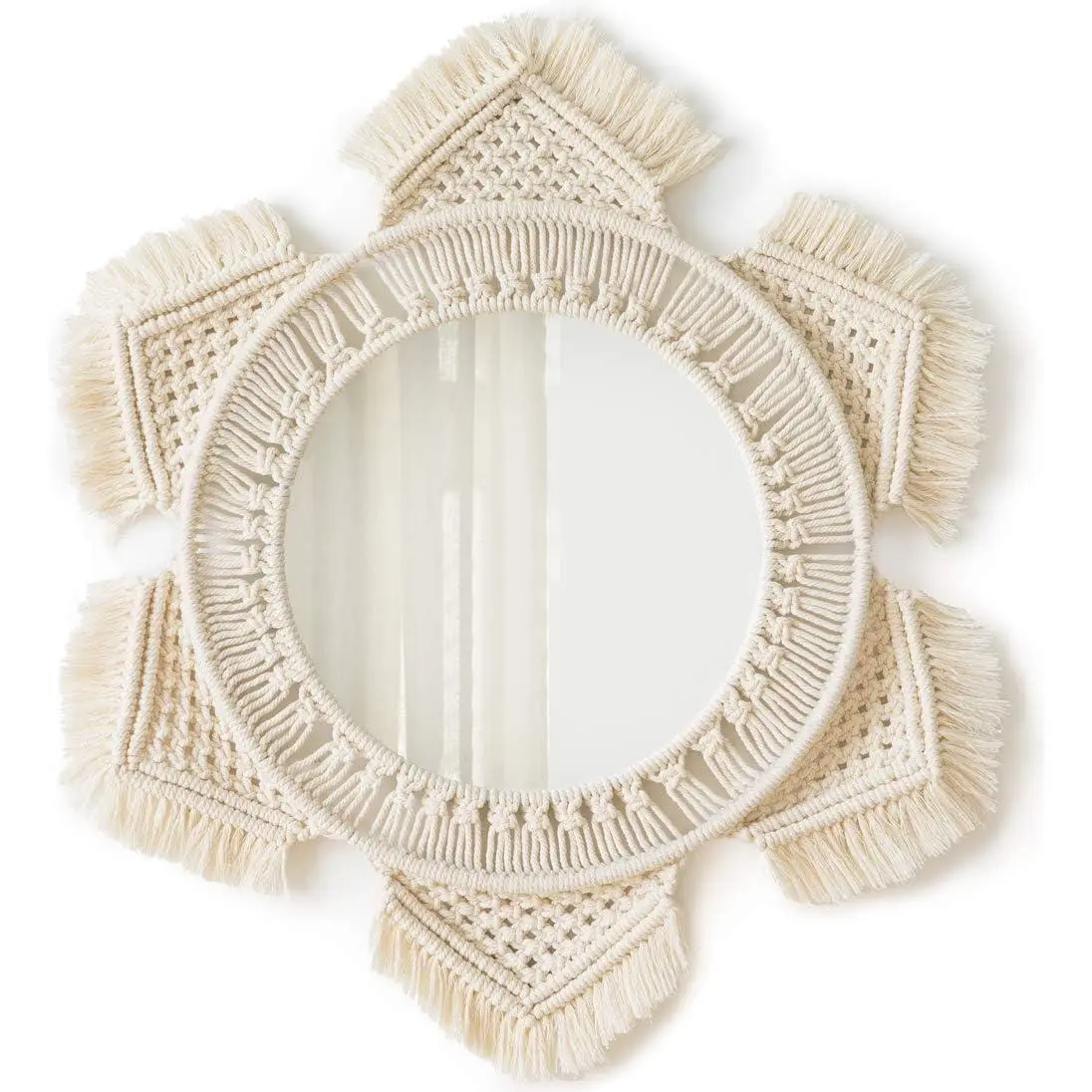 Mkono Boho Wall Mirror Decor Round Macrame Hanging Wall Art Decoration for Bedroom Nursery Living Room Apartment Office Entryways Home, Teen Girl Mothers Gift, Ivory