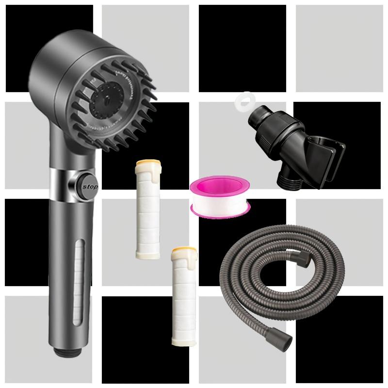 Multi-Functional Handheld Shower Head Set with Scalp Massager, 4 Spray Modes, 1.5m Encrypted Hose, Removable Showerhead Kit, Water Softening, Quick Spray Gun Conversion, French Country Style, PVC Material, Includes 2 Filter Cottons & Washer