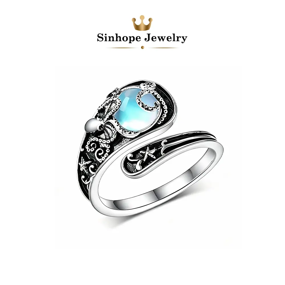 Vintage Octopus Moonstone Open Wrap Ring for Women, Silver Tone Ocean Starfish Carved Adjustable Band Ring, Nautical Sea Creature Gothic Jewelry, Ocean Theme Statement Ring Gift for Her