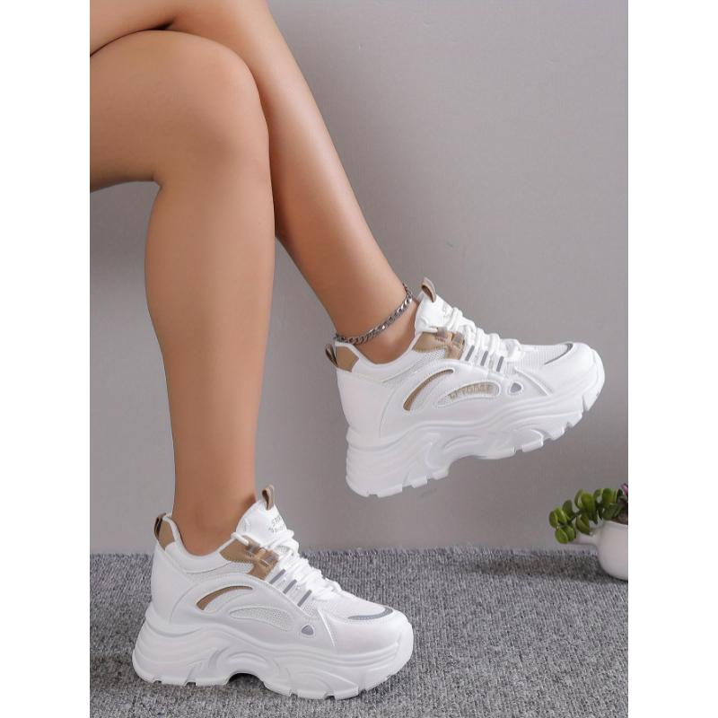 Versatile Comfy Mid-Top Solid Color Mesh Sneakers - Lace Up, Round Toe, Heightening Thick Rubber Sole, Breathable Fabric Upper, All-Season Casual Shoes for Women
