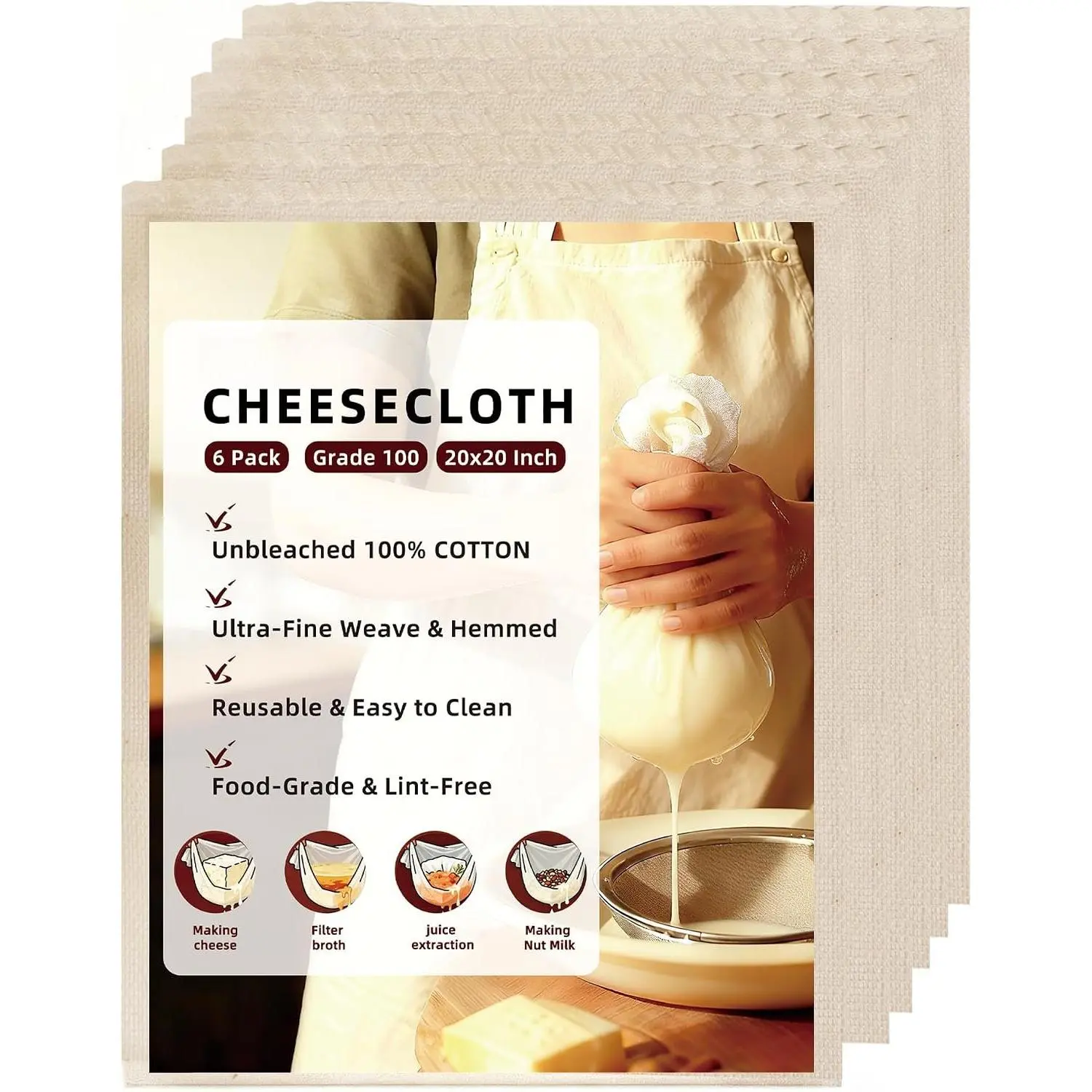 6-Pack Cheesecloth 20x20" Grade 100- Unbleached  (-Grade), Fine Filtration for Silky Nut Milk & Safe Cheese Making, Reinforced Edges No Lint