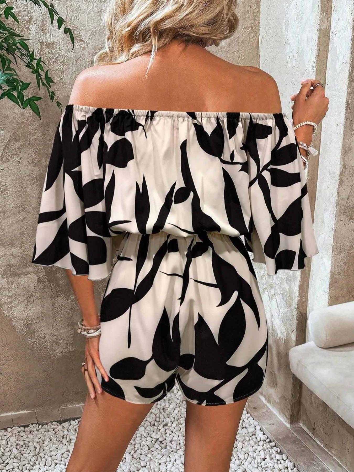 Women's Leaf Print Off Shoulder Tie Front Romper, Casual Flounce Sleeve Romper for Summer, Fashion Women's Clothing for Beach Holiday Vacation Jumpsuit