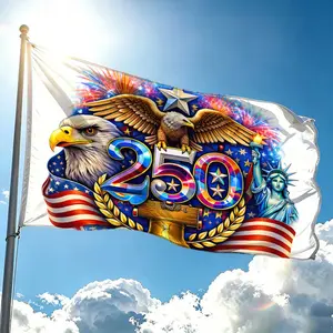 Vibrant USA 250th Anniversary Flag 2x3ft 3x5ft, White Background Patriotic Banner with Dual Bald Eagles, Statue of Liberty, Liberty Bell & Fireworks, Colorful Shiny 250 Numeral Gold Laurel Wreath Star Stripes Print, Semiquincentennial Outdoor Yard Porch W