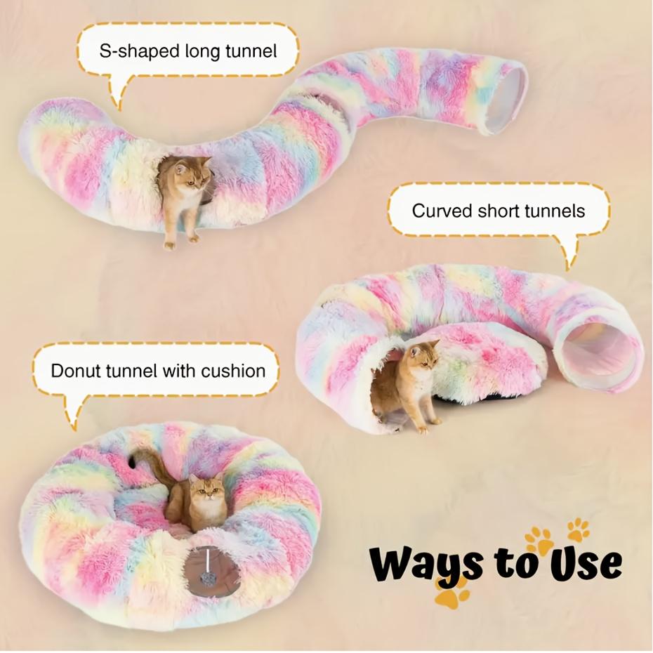 Christmas Gift Cat Tunnel with Cat Bed, Suitable for Indoor Cats, Soft Plush Peeping Cat Hole, Donut Tunnel, Multi-functional Cat Amusement Park Toy Hiding Place, Suitable for Small, Medium And Large Cats, Kittens, Rabbits, with A Pet Scarf