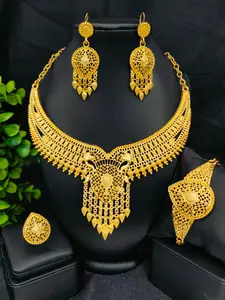 Elegant Cut-Out Jewelry Set, 4-Piece Necklace Bracelet Ring Earring Set, Ethnic Pattern, Perfect for Weddings & Holidays
