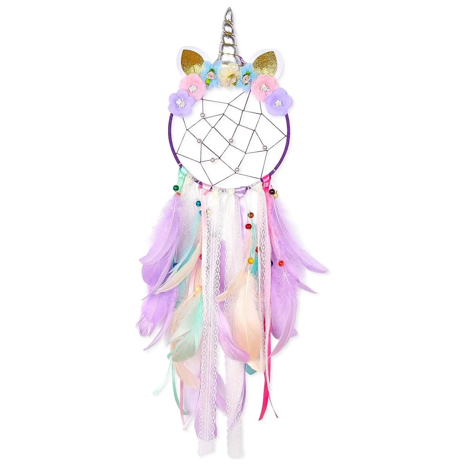 Unicorn Dream Catcher for Toddler Girls Bedroom Wall Decor | Handmade Wall Hanging with Colorful Feathers & Pearls, Cute Room Decoration for KidsGift