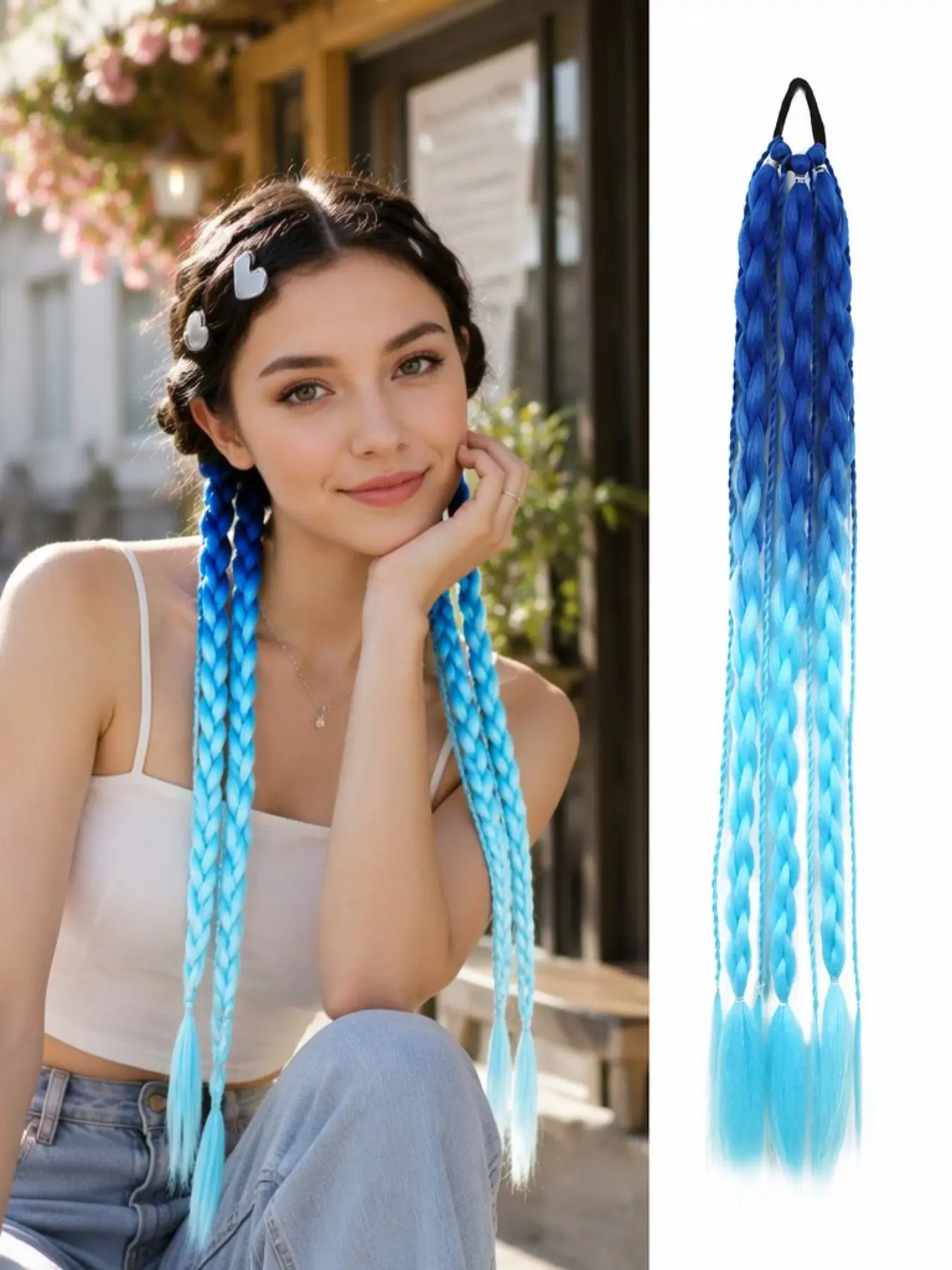 Synthetic colorful hair extensions with elastic hair ties—24-inch blue Ombre braided ponytail extensions. A fun accessory for girls' "Crazy Hair Day," DIY festive and quirky hairstyles, and suitable for daily wear, holiday celebrations, cosplay