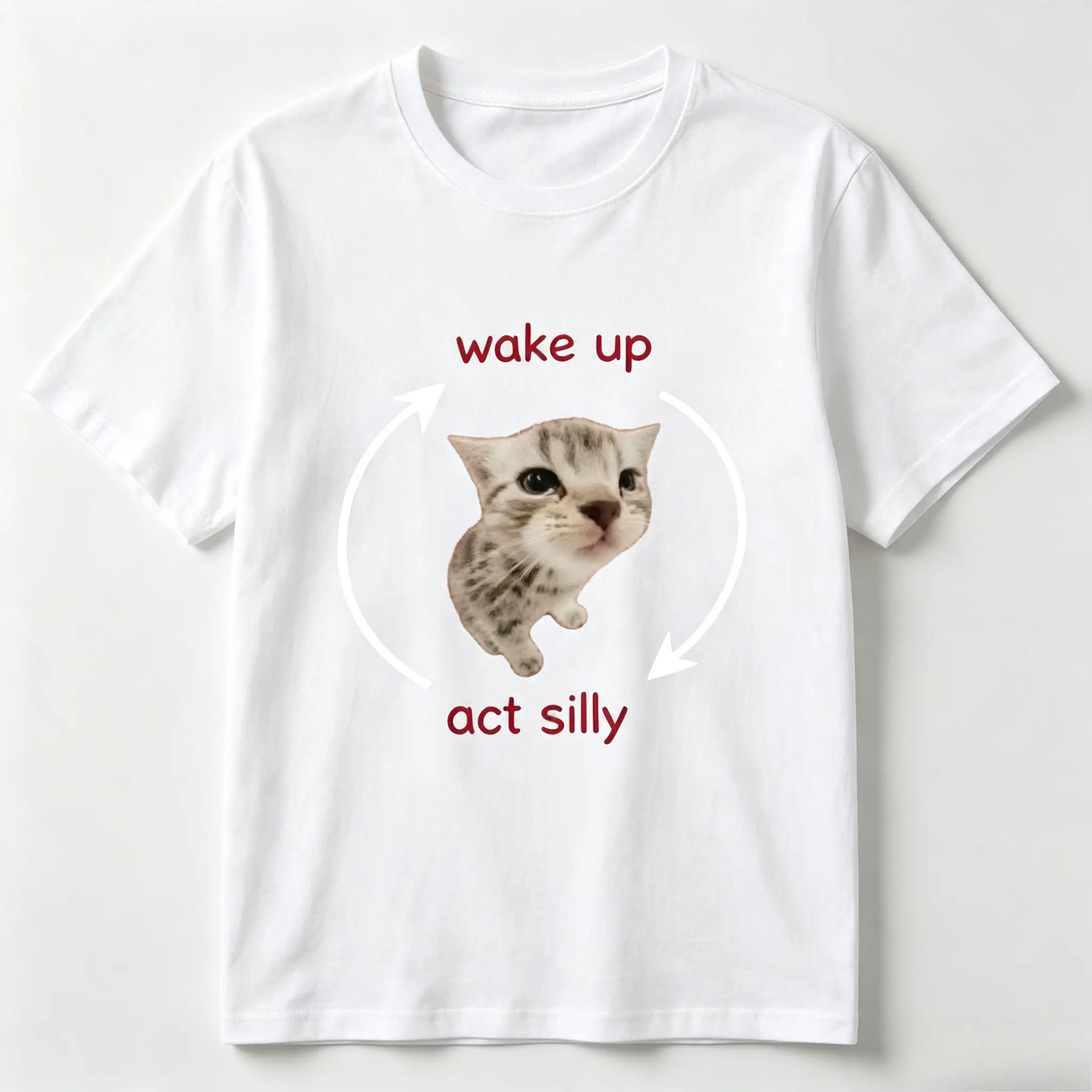 Wake Up Act Silly Cute Tabby Kitten Meme Graphic Cotton T-Shirt, Oversized Comfort Fashion Outfit, Funny Cat Lover Casual Top, Perfect Valentine’s Day Holiday Gift for Lovers, Family, Friends for Him Her