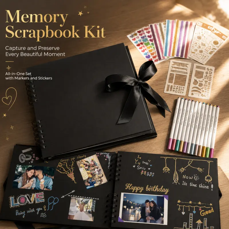 All-in-One Black Paper Scrapbook Album Kit, Scrapbooking Kit with Metallic Marker Pens, Stickers & Template Stencils, DIY Memory Photo Journal Book for Anniversary, Birthday Gift