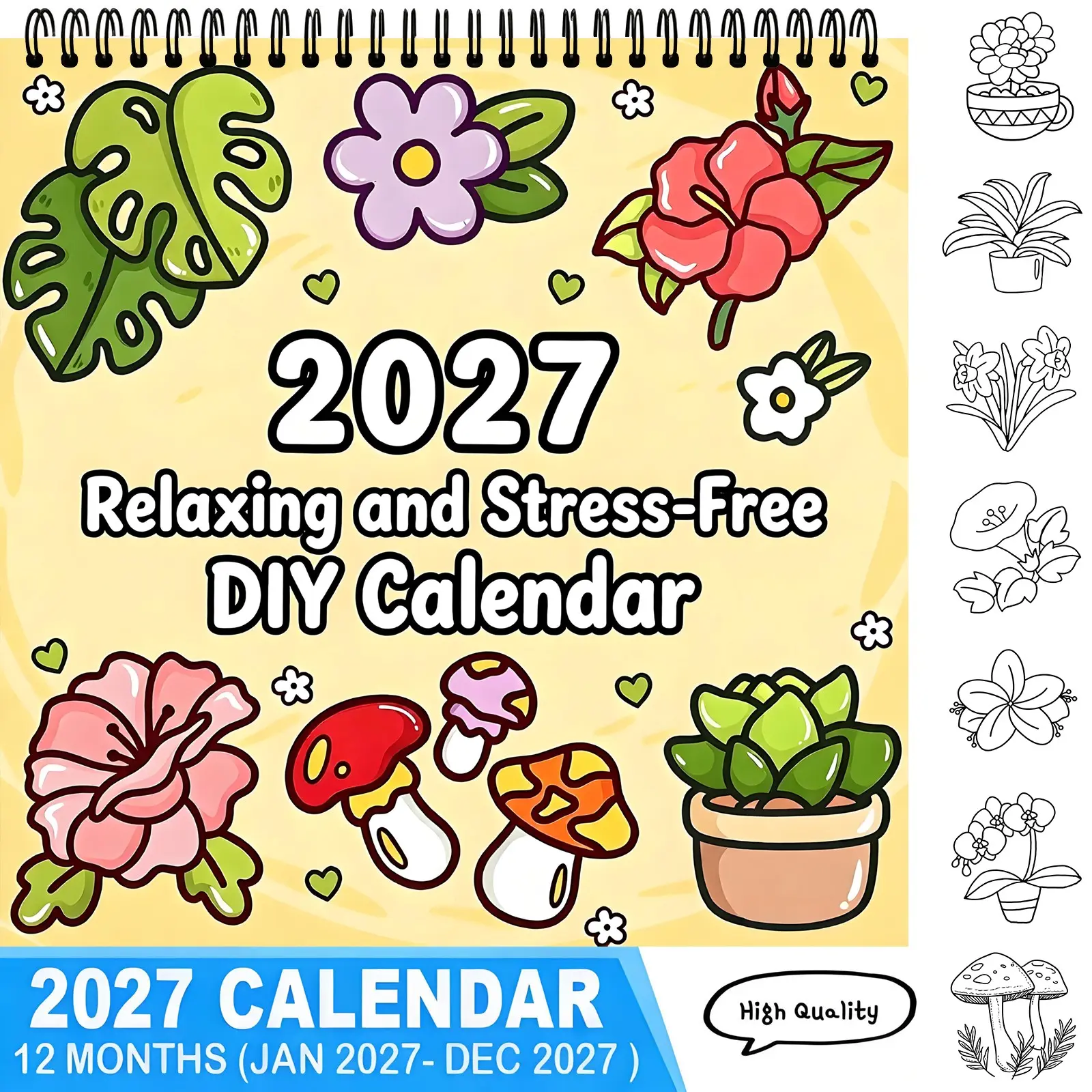 2027 Cottagecore Plant Mushroom DIY Coloring Calendar 12 Months Stress Relief Relaxing Hand-drawn Line Art Calendar Floral Succulent Theme Art Craft Gift for Adults Kids,wall calendar,aesthetic calendar,calendar gift,TikTokMadeMeBuyIt,new year calendar