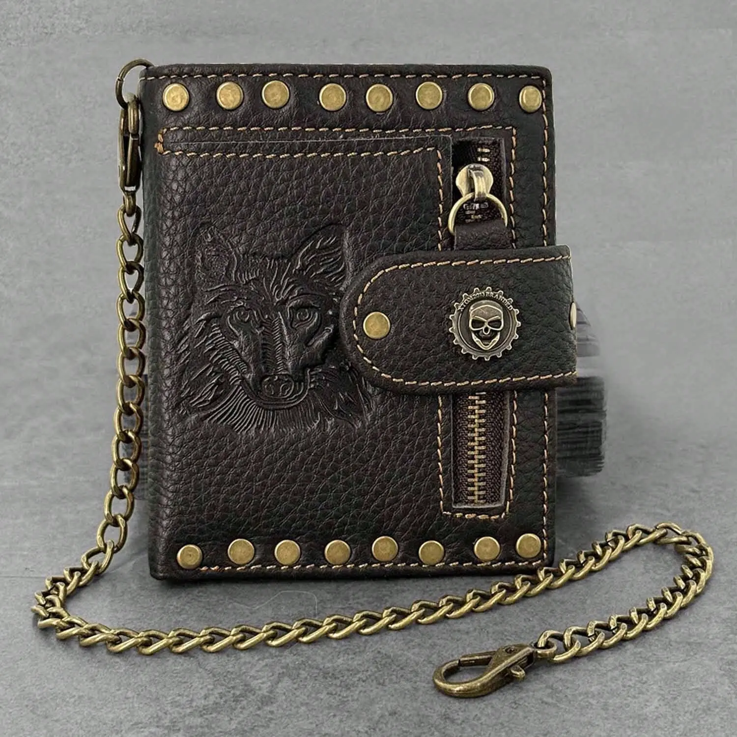 Men's Chic High-Capacity Leather Retro Punk Steampunk Biker Wallet - Wolf Motif, Rivet Details, Zipper Closure, Detachable Anti-Theft Security Chain, Multi-Compartment, Card Slots, Party, Casual Use (Funky Men's Wallets for Bikers)
