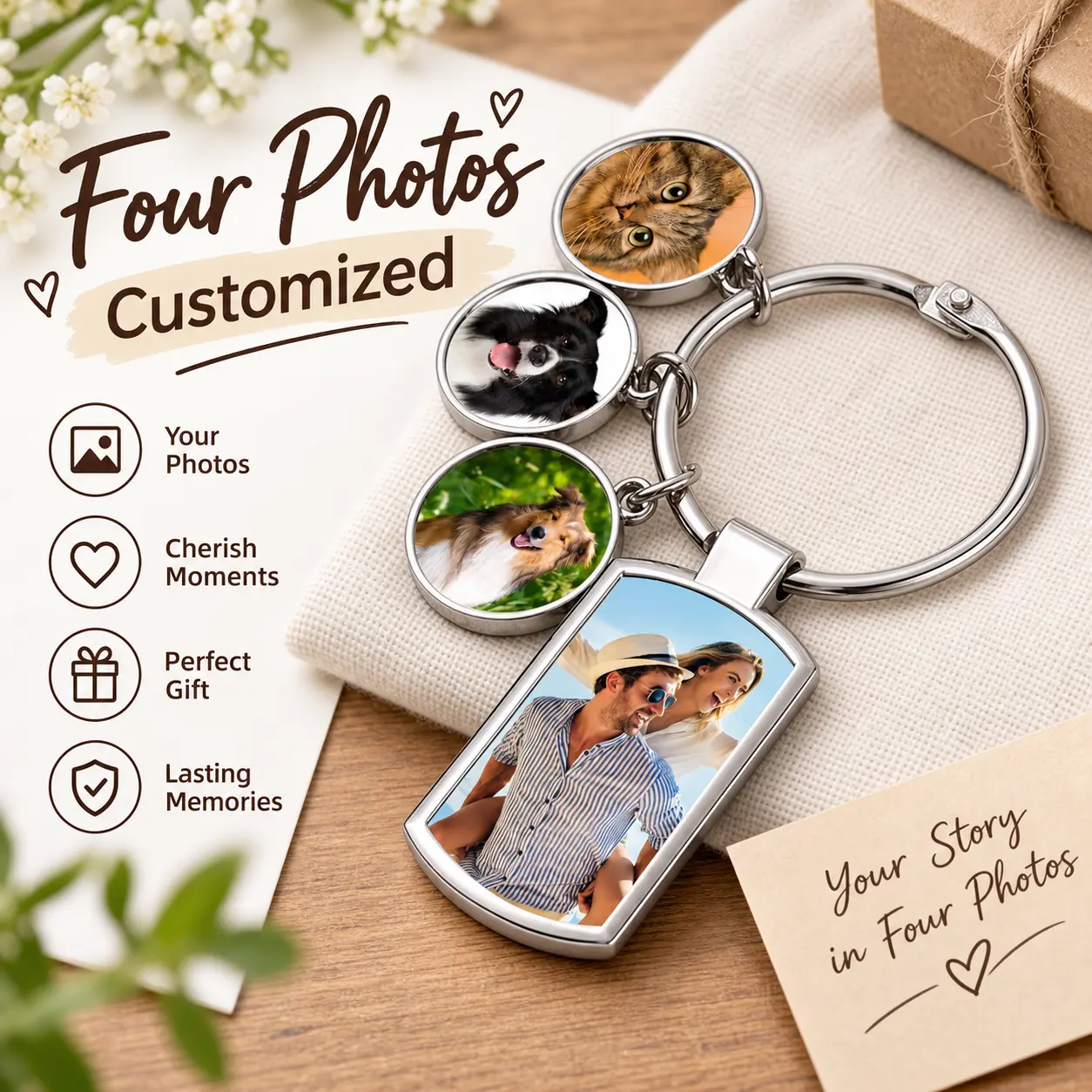 Personalized Custom Photo Keychain, Customized Metal Key Ring With 4 Photos, Memorial Gift for Couples, Pet, Family, Unique Anniversary Birthday Gift